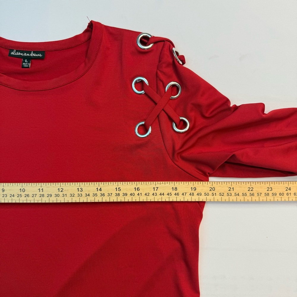 Alison‎ Andrews Red Top Large Grommet Lace-Up Shoulder Long Sleeve Blouse - Picture 8 of 12